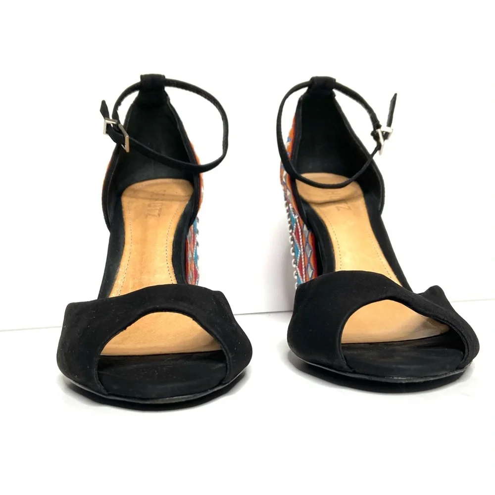 Schutz Black Suede Open Toe Ankle Strap Embroidered Block Heel Size 38